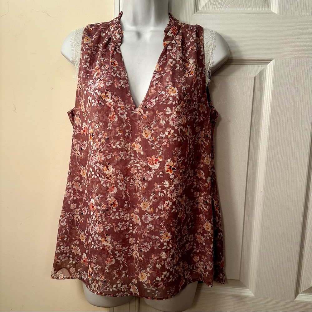 WHBM Sleeveless Floral V-Neck Blouse - Mauve S